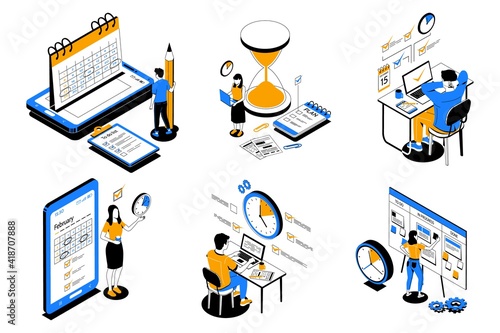 Time management. People organize productive workflow and effective schedule. Cartoon men or women successfully complete multitasking work on deadline and achieve priority goals. Vector office workers