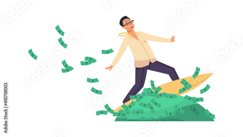 Rich banker. Cartoon happy wealthy man riding surfboard on heaps of green banknotes. Financial success concept. Lucky businessman makes profitable banking investments and deposits. Vector millionaire