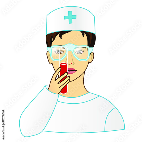 a man in a nurse costume holds a test tube with blood in his hand, funny cartoon character, color vector clip art on white isolated background