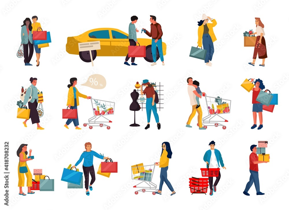 Trendy shopping people. Cartoon men and women making purchases in store. Isolated happy characters carrying bags and pushing carts. Customers buying clothes, food products or gifts. Vector shopaholics