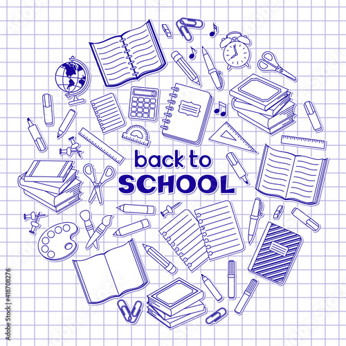 Back to school hand lettering, school supplies and office stationary stickers and patches in circle on a notebook sheet in a cell. Vector design template for invitation, banner, poster. Knowledge Day