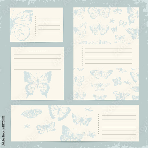 Hand drawn line art butterfly stationary set.