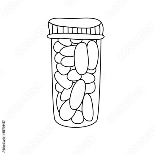 Medicine bottle with pills. Vector hand drawn illustration in doodle style