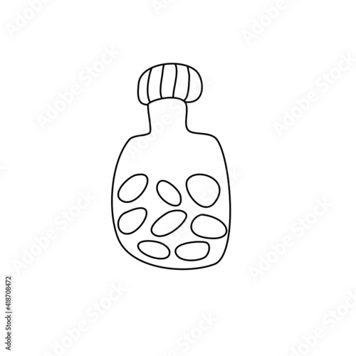 Pills in bottle. Medicine. Vector hand drawn illustration in doodle style
