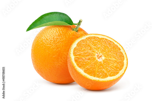 Orange with cut in half and green leaf isolated on white background. clipping path.