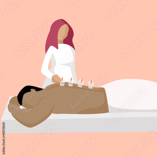 A scene of am athletic person receiving relaxing cupping therapy by a gentle red-hair. Useful for your cupping articles, wellbeing and recovery campaign posters.