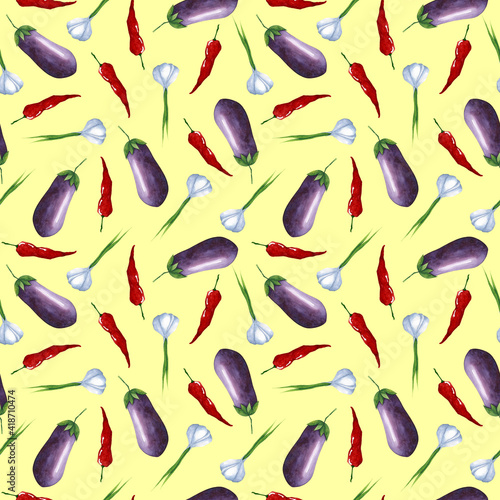 Watercolor hand drawn vegetable pattern on yellow background. Eggplant, chili pepper and garlic seamless print. Vegetables ornament design.
