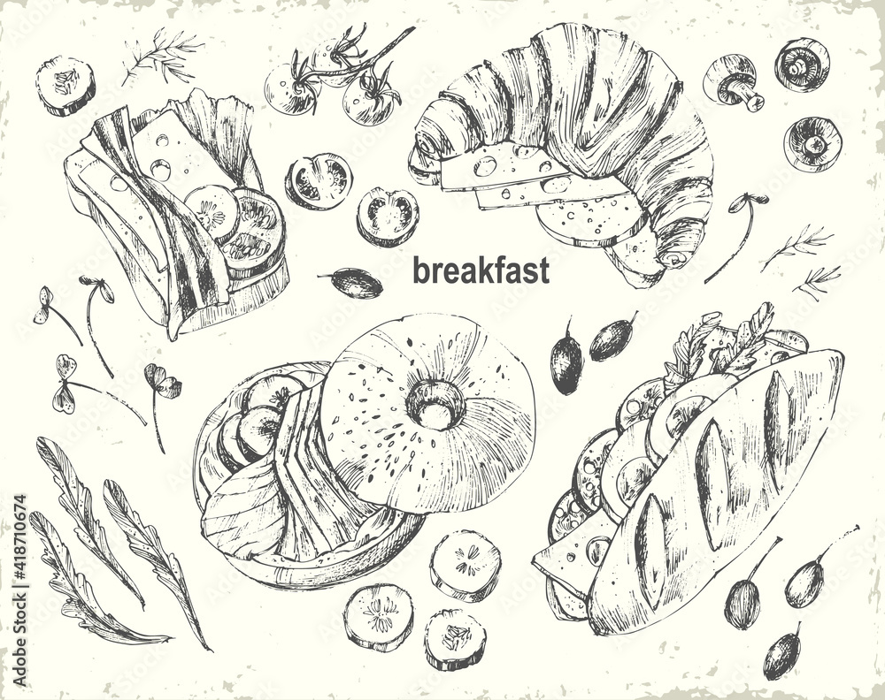 Hand drawn black ink breakfast menu illustration. Stock Vector | Adobe ...