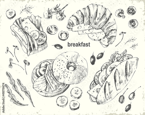 Hand drawn black ink breakfast menu illustration.