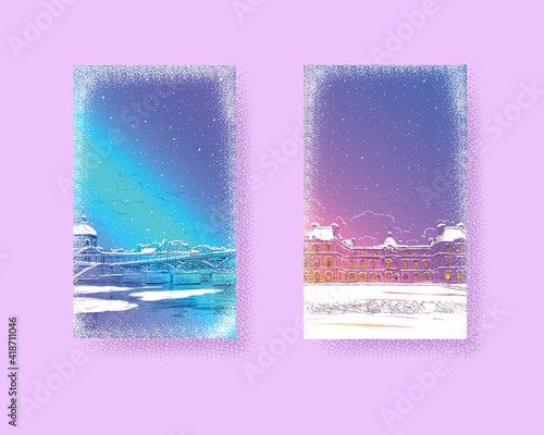 Trendy cover template. Winter city. Merry Christmas and New Year card design. Bridge of Arts. Institute of France. Paris, France. Seine. Hand drawn landmark sketch. Vector illustration.