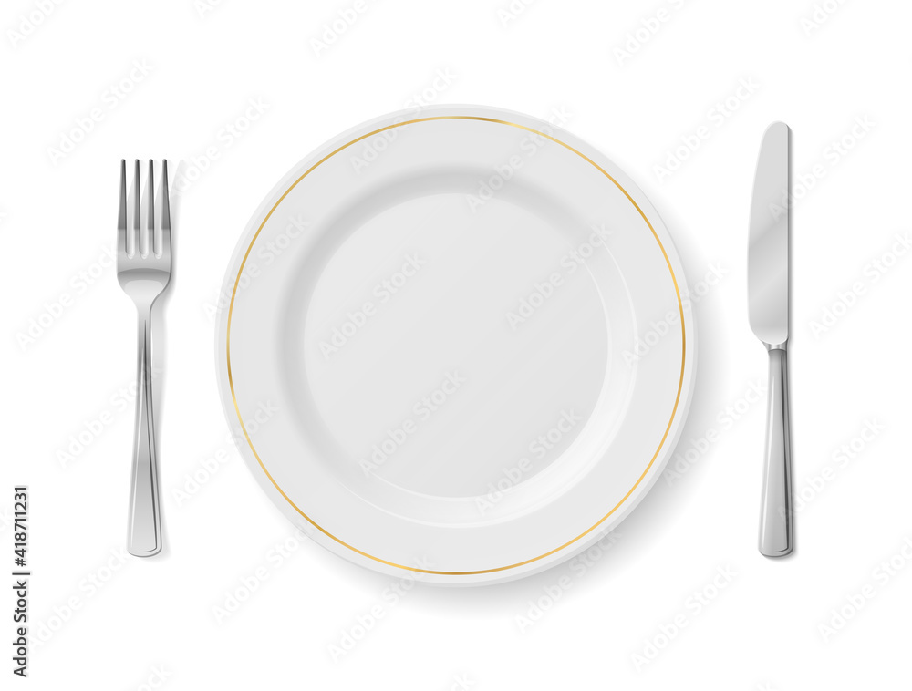 White plate with fork and knife, top view. Empty dinner plate with cutlery set isolated on white background. Vector illustration about table setting, eating, restaurant service, table utensil, etc White plate with fork and knife, top view. Empty dinner plate with cutlery set isolated on white background. Vector illustration about table setting, eating, restaurant service, table utensil, etc