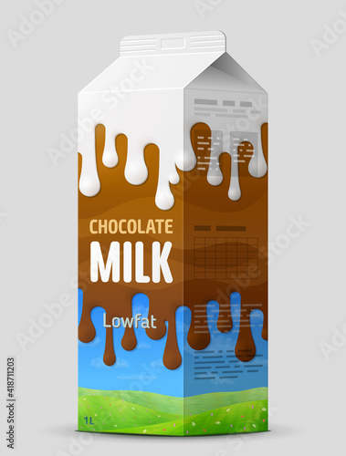 Chocolate milk gable top carton close up. Cow cocoa milk package isolated on gray. Vector illustration for milk, food service, dairy beverages, gastronomy, health food, etc