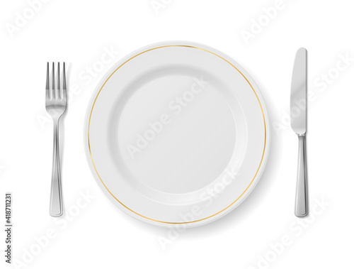 White plate with fork and knife, top view. Empty dinner plate with cutlery set isolated on white background. Vector illustration about table setting, eating, restaurant service, table utensil, etc