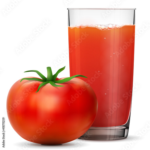 Tomato juice in glass isolated on white background. Whole tomato fruit with fresh squeezed juice glass. Vector illustration about beverages, vegetables, agriculture, health food, gastronomy, etc