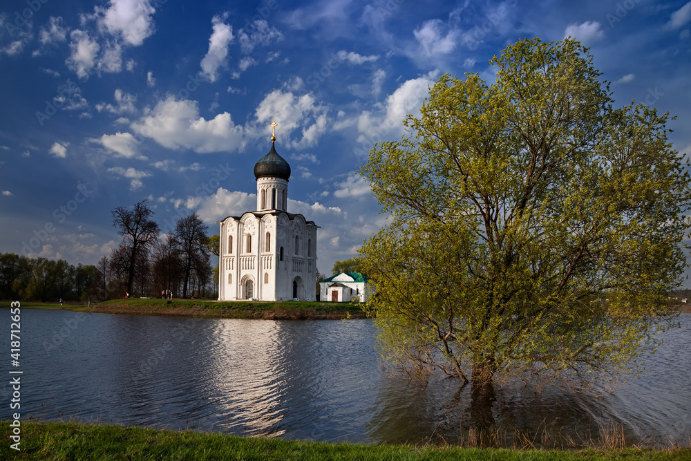 Church of the Intercession - on the Nerl (Pokrova - na Nerli) in the spring during the flood of the river (Bogolubovo, Vladimir region, Russia)