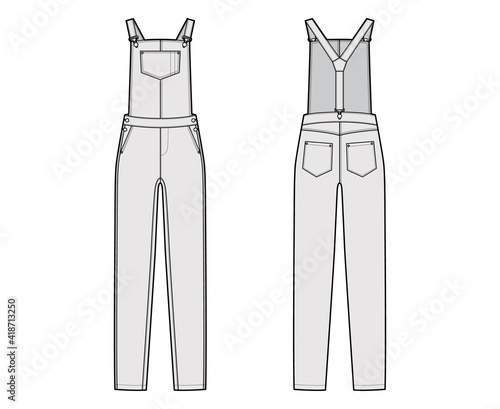 Dungaree Denim overall jumpsuit technical fashion illustration with full floor length, normal waist, high rise, pockets, Rivets. Flat apparel front back, grey color style. Women, men unisex CAD mockup