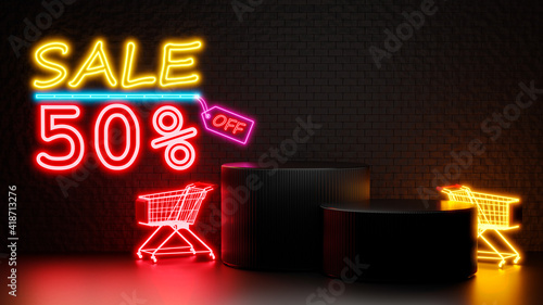 Φωτογραφία 3d render of sale 50 percentage off with podium for product display