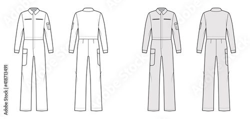 Boilersuit coverall Dungaree jumpsuit technical fashion illustration with full length, normal waist, high rise, pockets, long sleeves. Flat front back, white, grey color. Women, men unisex CAD mockup