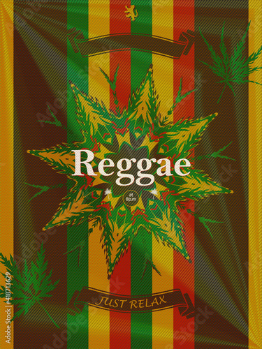 Vector illustration on the theme of reggae music with green leaves, floral logo, yellow, red colors. Slogan: just relax. Grunge background. Typography, t-shirt, poster, banner, flyer, postcard.