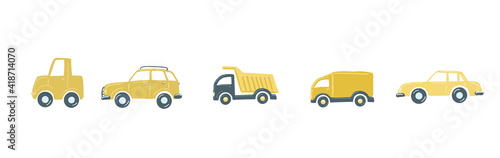 set yellow cars flat simple cartoon style hand drawing. vector illustration