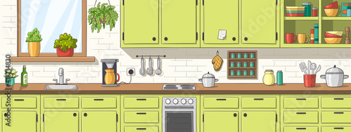 Green Kitchen, Panorama Green kitchen, panorama. Hand drawn vector illustration with separate layers.