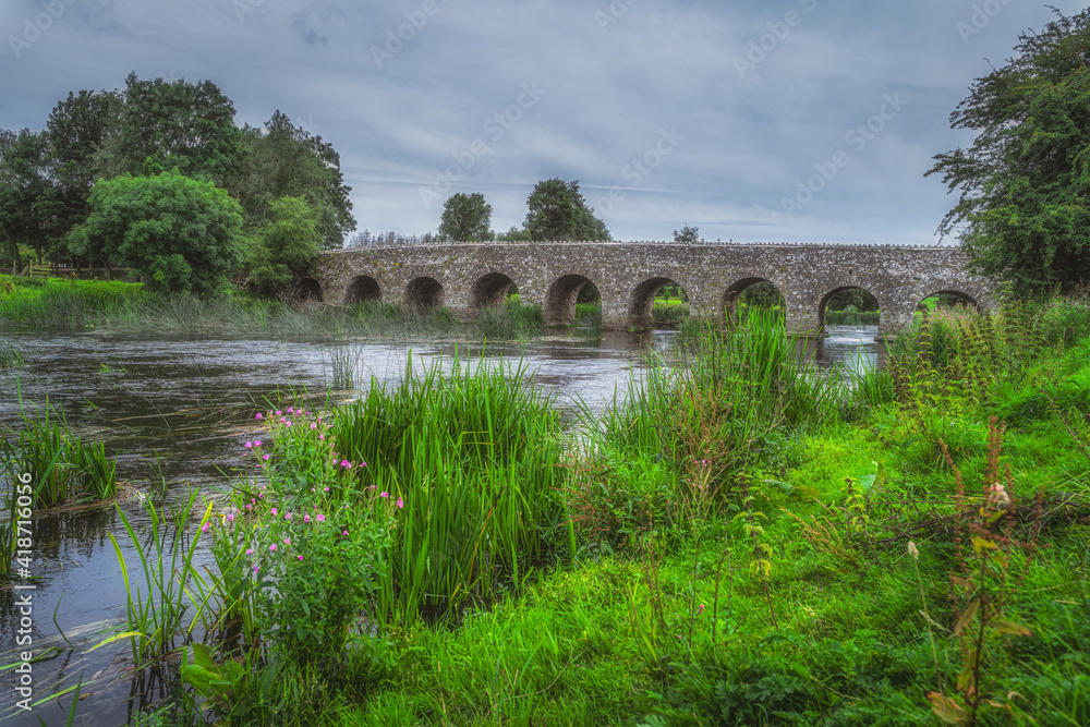 View from riverbank with green grass and plants on old, 12th century stone arch Bective Bridge over Boyne River, Count Meath, Ireland