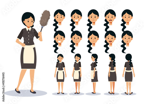 Vector illustration set of woman is a maid, in various action. emotion expression. Front, side, back view animated character.