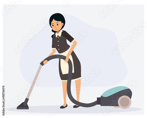 Maid is cleaning the floor by vaccum. Flat vector cartoon character.