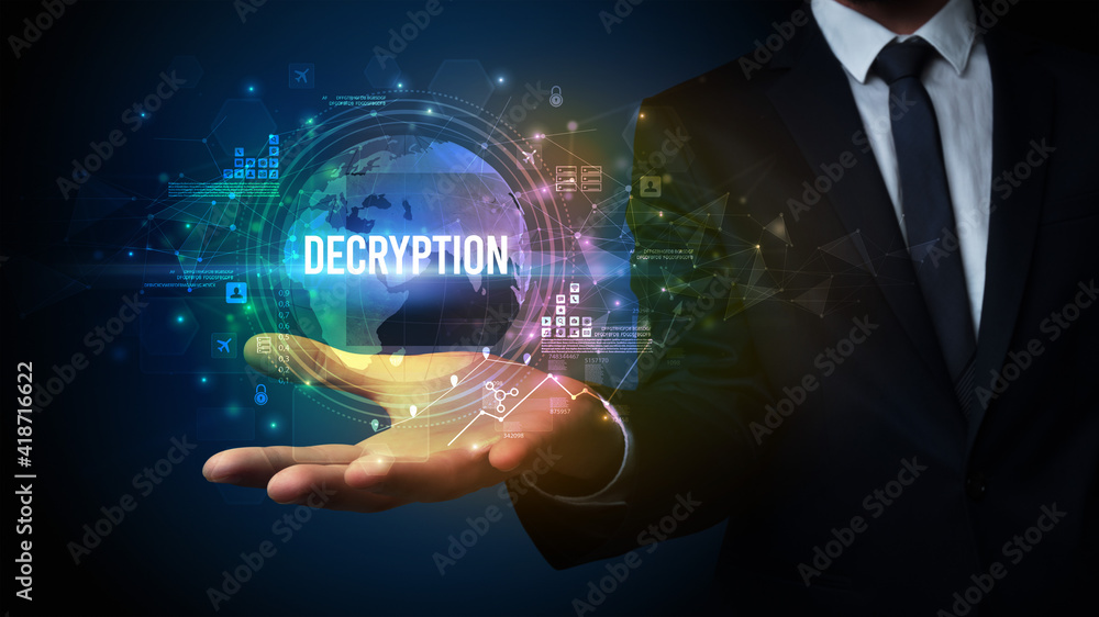 Elegant hand holding DECRYPTION inscription, digital technology concept Elegant hand holding DECRYPTION inscription, digital technology concept