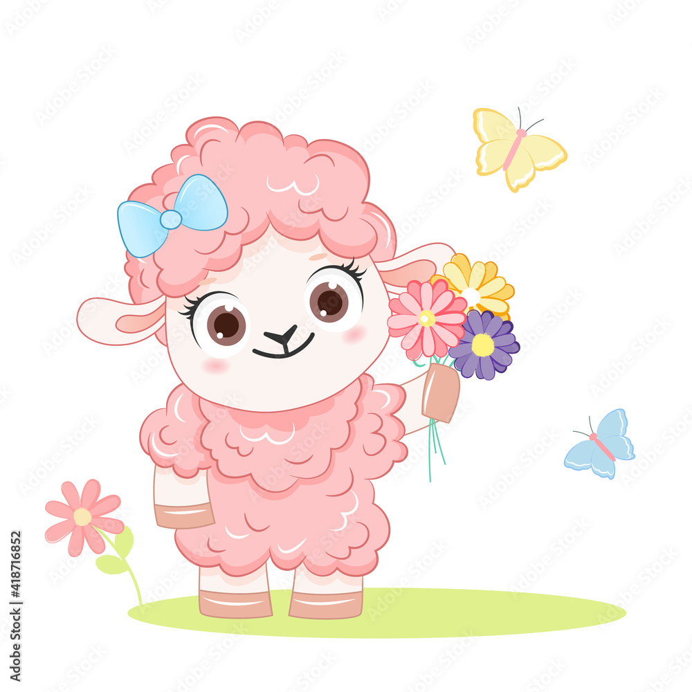 Cartoon smiling pink sheep with flowers .Vector illustration for kid. Cartoon smiling pink sheep with flowers .Vector illustration for kid.