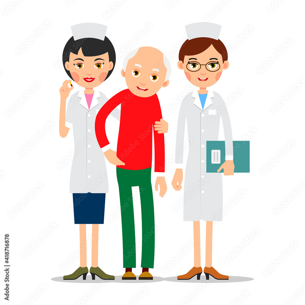 Doctor and patient. Practitioner therapist woman stands and supports old man patient. Hand of medic on shoulder of elderly patient. Physician is holding pill. Consultation and diagnosis. Flat style Doctor and patient. Practitioner therapist woman stands and supports old man patient. Hand of medic on shoulder of elderly patient. Physician is holding pill. Consultation and diagnosis. Flat style