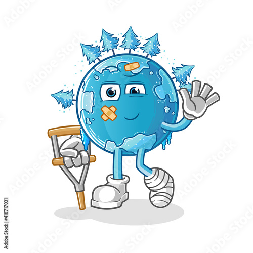 winter earth sick with limping stick character. cartoon mascot vector