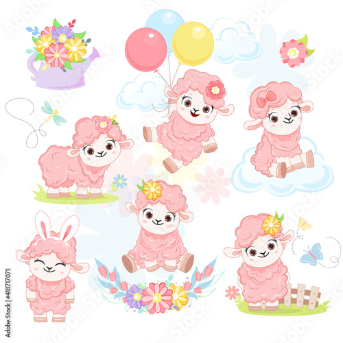 Collection of cartoon smiling pink sheeps with balloons. .Vector illustration for kid.