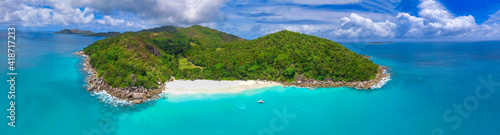 Seychelles Beach, aerial view from drone on a beautiful sunny day © jovannig
