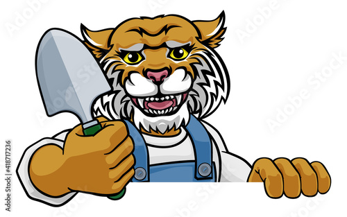 A wildcat gardener cartoon gardening animal mascot holding a garden spade tool peeking round a sign