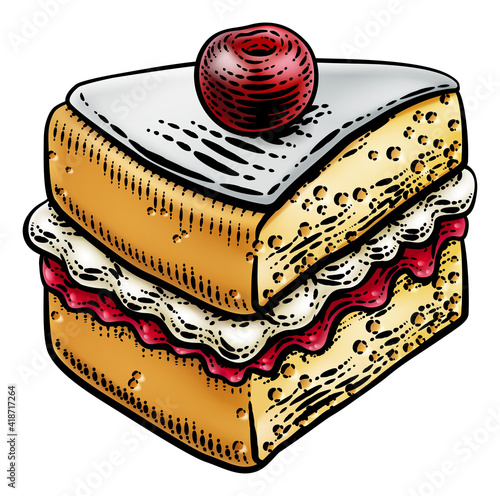 A sponge slice cake with jam and cream illustration drawing in a woodcut retro etching style.