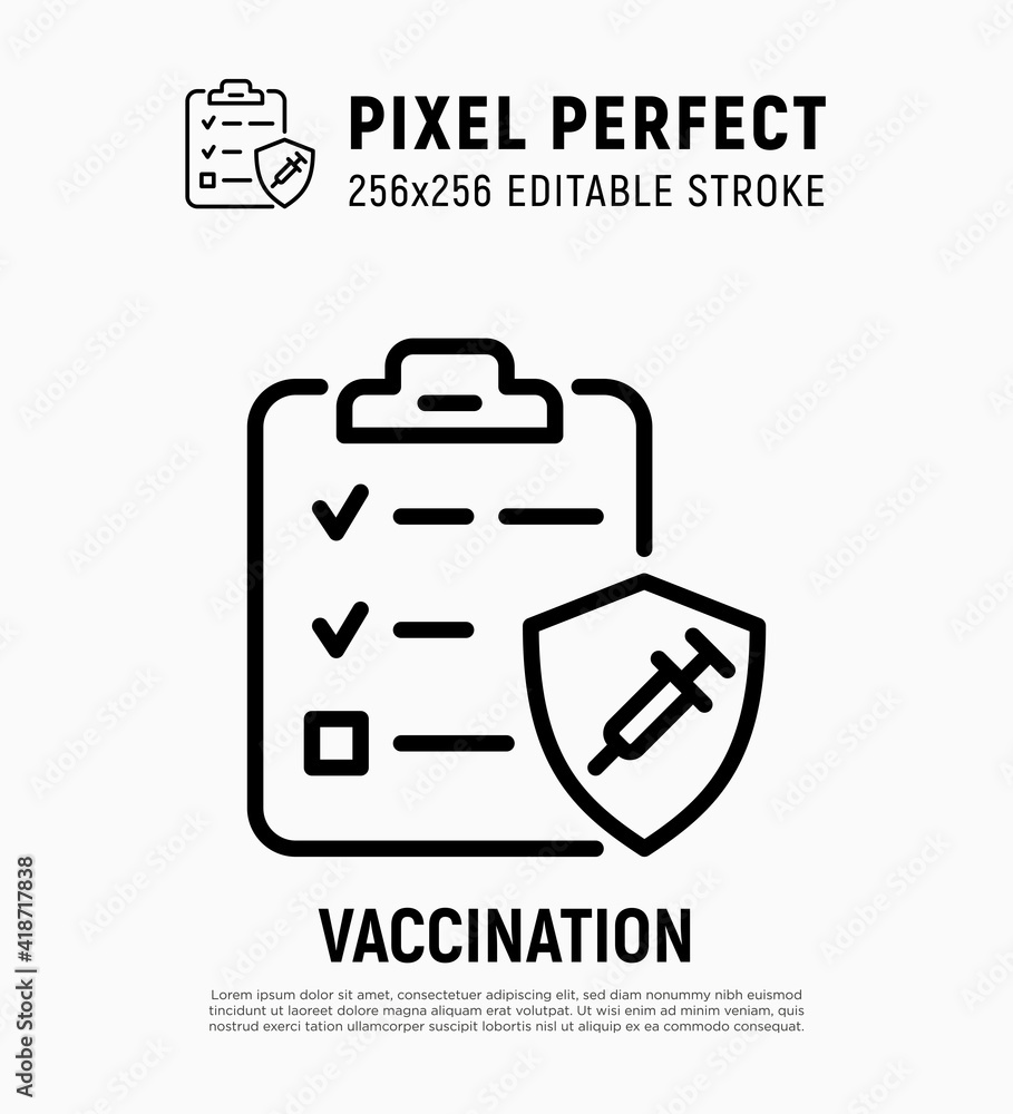 Plan of coronavirus vaccination. Clipboard with check marks, shield with syringe. Immune system. Thin line icon. Pixel perfect, editable stroke. vector illustration. Plan of coronavirus vaccination. Clipboard with check marks, shield with syringe. Immune system. Thin line icon. Pixel perfect, editable stroke. vector illustration.