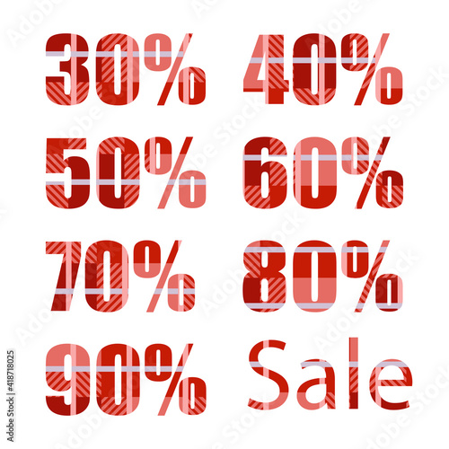 A set of discounts different percentages painted in a checkered fabric pattern