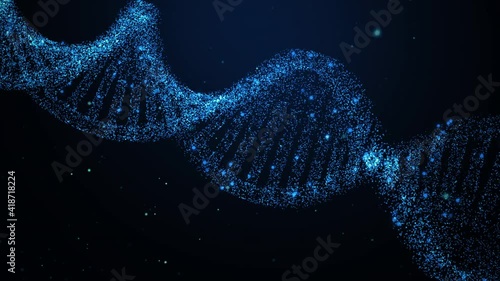 Abstract animation. Animated DNA helix structure from glowing particles on a dark background. Macro animation. 4K