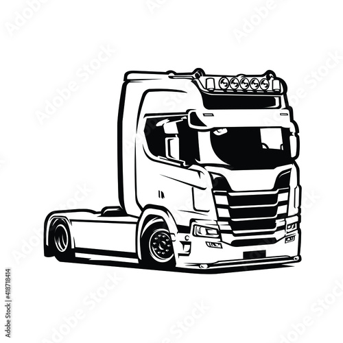European Truck Vector Isolated. Black and White Silhouette Vector