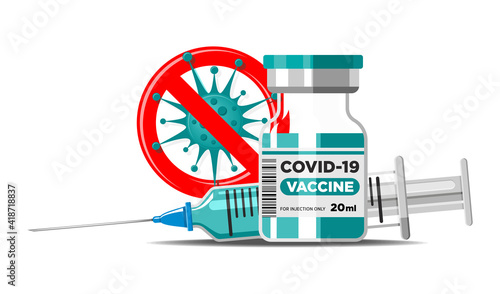 Covid-19 Coronavirus vaccination concept. Vaccine vial and syringe with needle. Vector template on transparent background