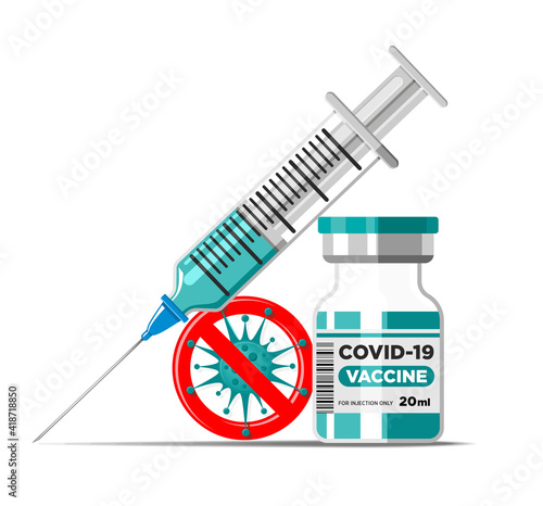Covid-19 Coronavirus vaccination concept. Vaccine vial and syringe with needle. Vector template on transparent background