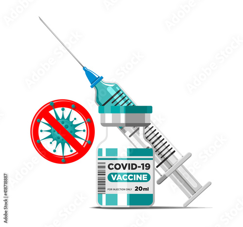 Covid-19 Coronavirus vaccination concept. Vaccine vial and syringe with needle. Vector template on transparent background