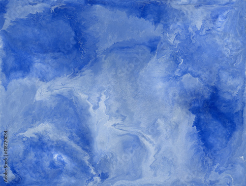 Hand drawn abstract background with marble texture. Acrylic painting with white and blue colors.