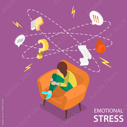 3D Isometric Flat Vector Conceptual Illustration of Emotional Stress, Anxiety and Dizziness.
