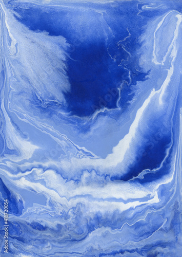 Hand drawn abstract background with marble texture. Acrylic painting with white and blue colors.