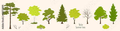 Summer trees, leaves, bushes. Set of bright plants. Vector elements for modern design. Natural  landscape for seasonal background, banner, poster, greeting card. Nature and ecology environment.