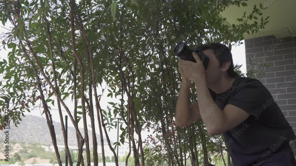 Young man taking pictures of trees with dslr camera. Photographer looking for best angle at home terrace Young man taking pictures of trees with dslr camera. Photographer looking for best angle at home terrace