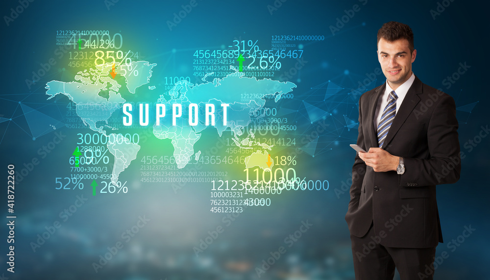 Businessman in front of a decision with SUPPORT inscription, business concept Businessman in front of a decision with SUPPORT inscription, business concept