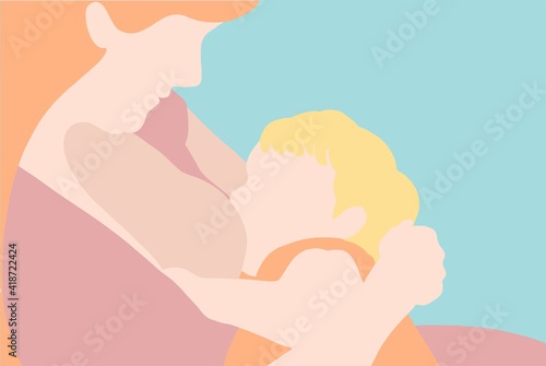 Celebration of World Breastfeeding Week, August 1-7. Redhead woman is breastfeeding her  baby girl, holding it in her arms. Support for nursing mothers in postpartum. Motherhood in love,infant feeding